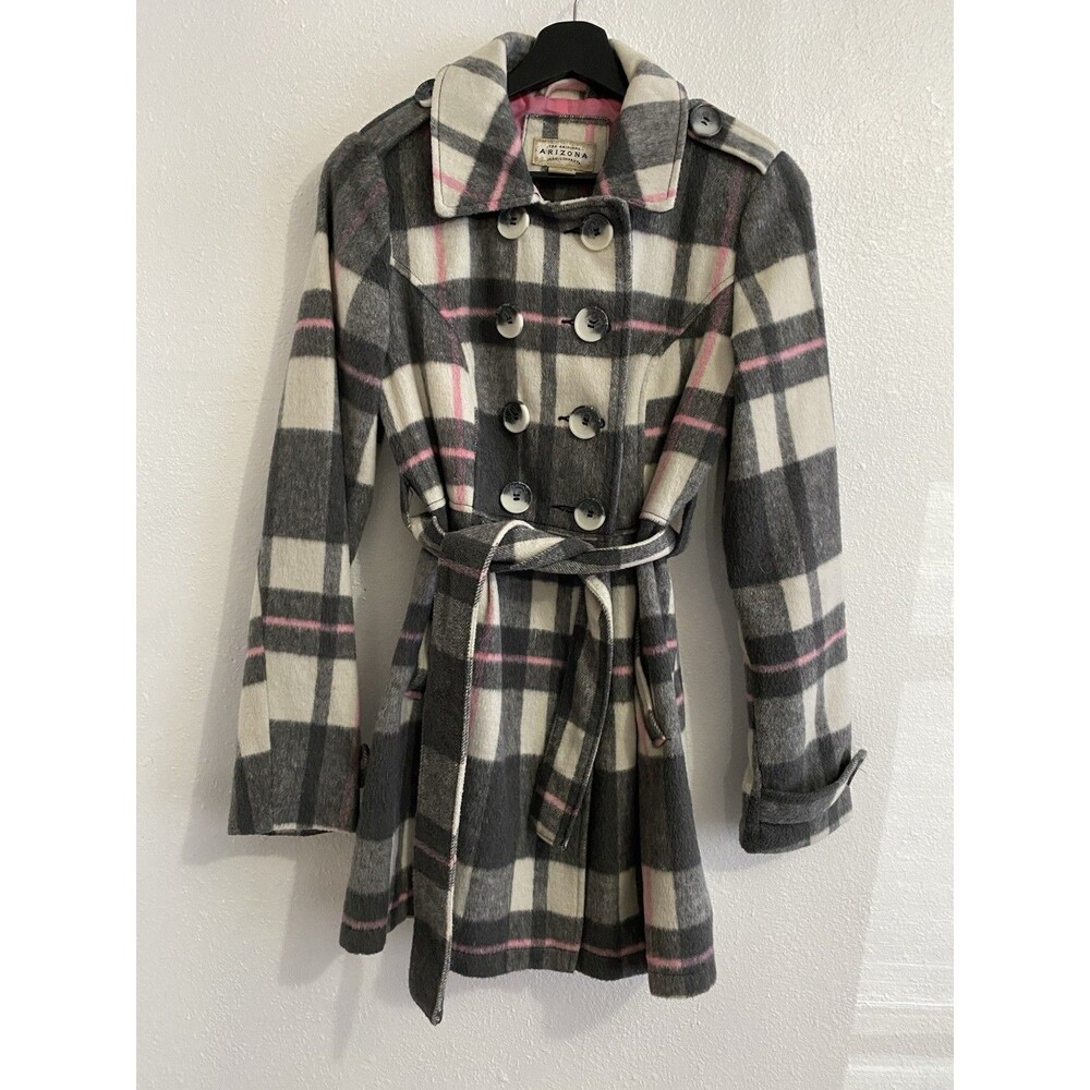 Arizona Co Women’s Lightweight Pink Gray Plaid Mid Length Trench Coat Size S